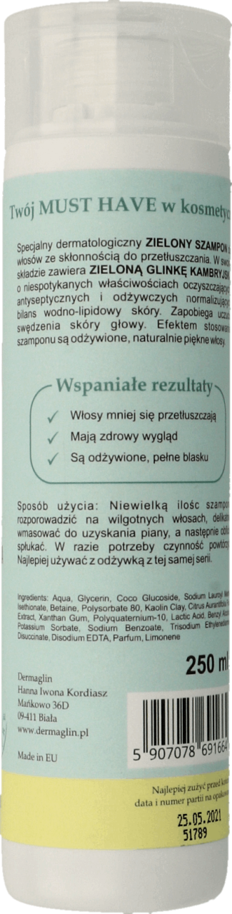 dermaglin zielony szampon do włosów przetłuszczających się i normalnych